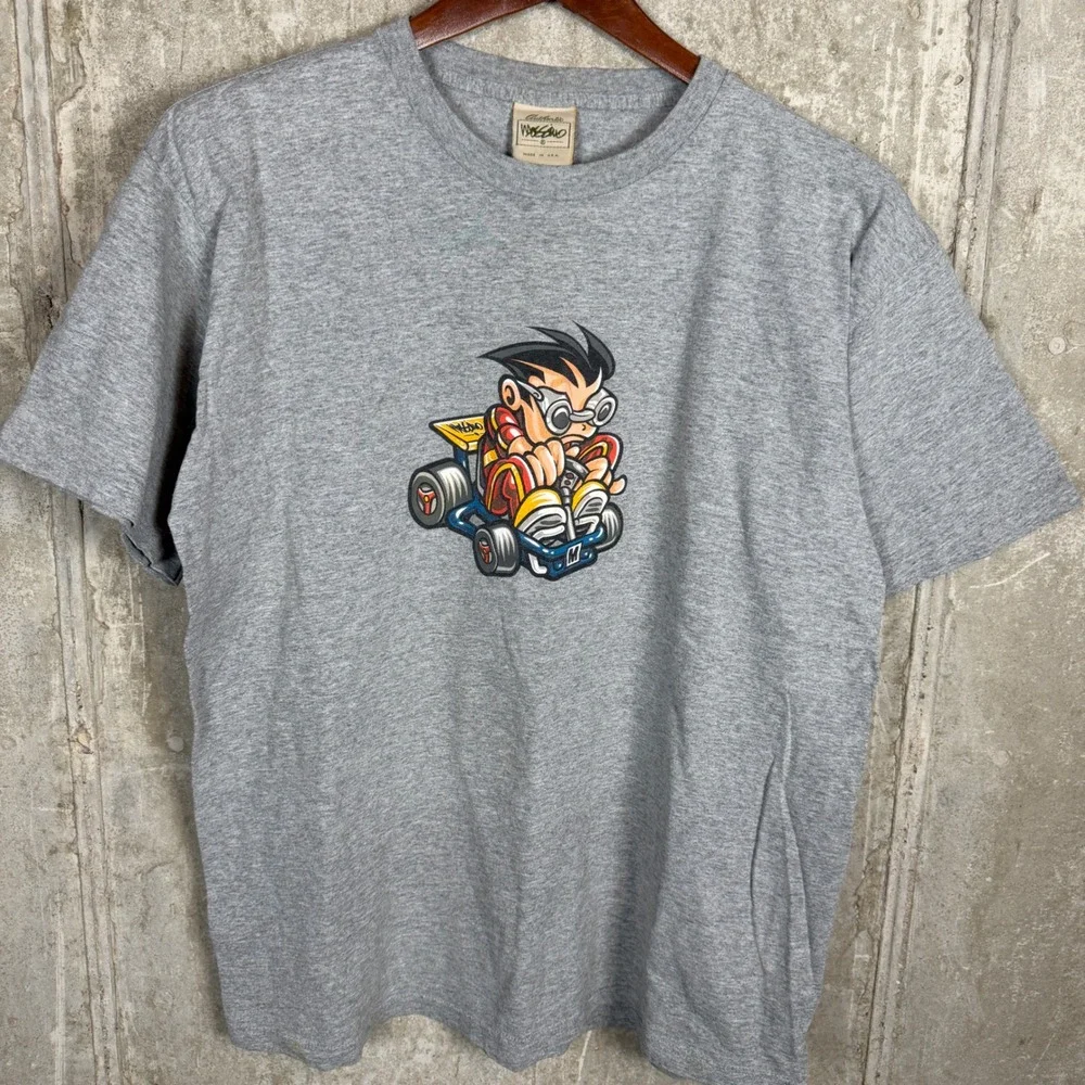 Vintage 90s Mossimo Go Kart Graphic T-Shirt Mens Medium Gray Single Stitch USA